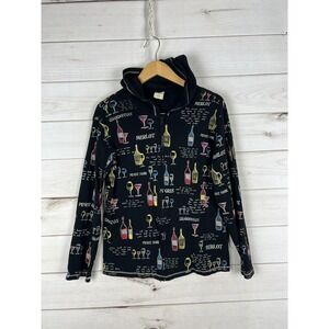 Jess & Jane Hoodie Sweatshirt Womens XL Black Wine Print Zip Cotton Made in USA